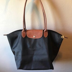 Long Champ Le Pliage Medium Black and Brown Bag